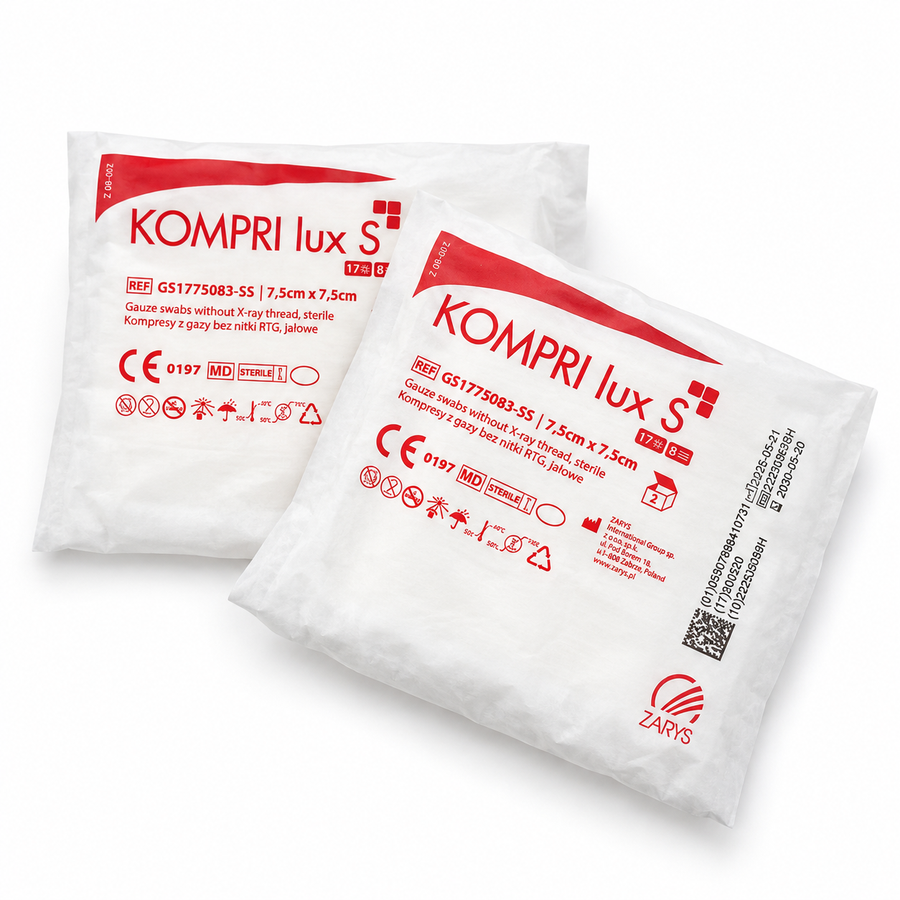 KOMPRI LUX S sterila gaskompresser 7,5 × 7,5 cm – 10 sterilförpackningar