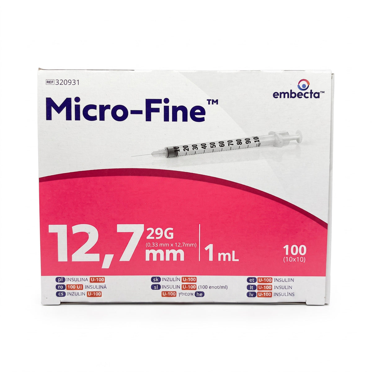 embecta Micro-Fine U-100-insulinsprutor 1 ml, 29G × 12,7 mm, 100 st