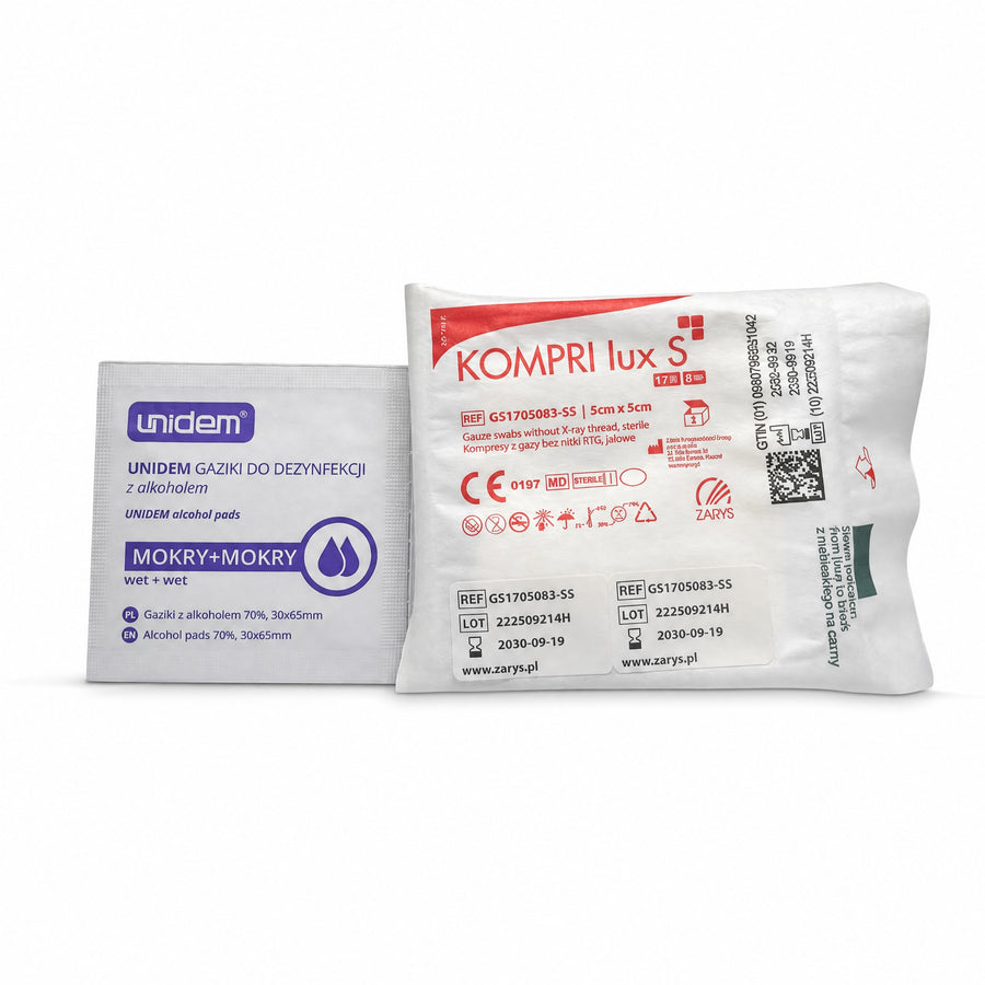 Sårvårdspaket med alkoholservetter och sterila kompresser 5 × 5 cm
